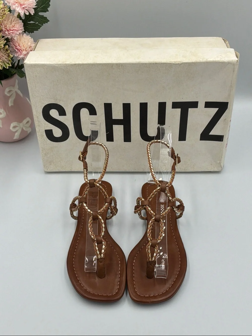 SCHUTZ Tan Braided Leather T-Strap Sandals